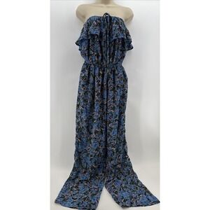 Kori America Strapless Blue Floral Ruffle Top Elastic Waist Jumpsuit Size M